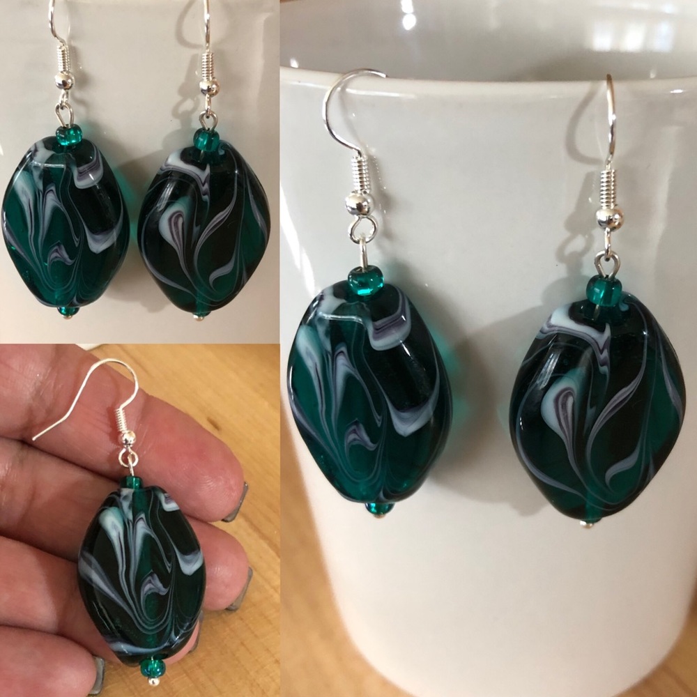 Teal art glass dangle earrings